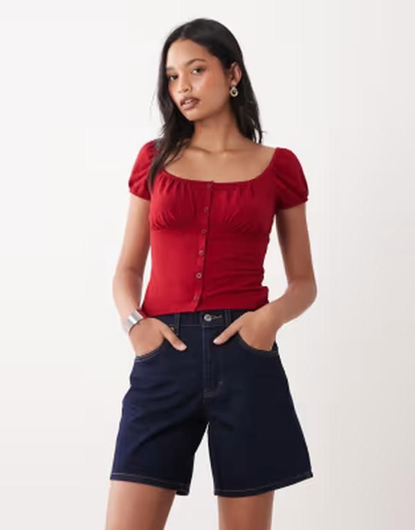 ミスセルフフリッジ レディース トップス シャツ Misselfridge button detailing milkmaid top RED レッド