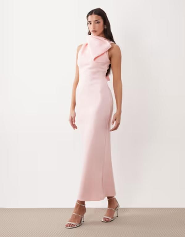 エイソス レディース トップス ワンピース ハイネック ミディ スキューバ ASOS DESIGN high neck fallen bow detail midi dress in pale pink scubastyle fabric pink ピンク
