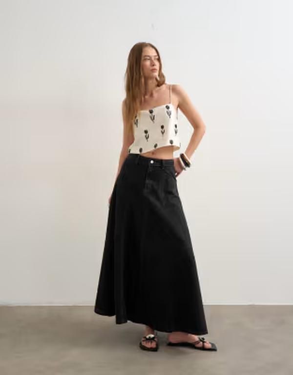 トップショップ レディース ボトムスカート デニム Topshop denim seamed circle skirt in washed Black ブラック