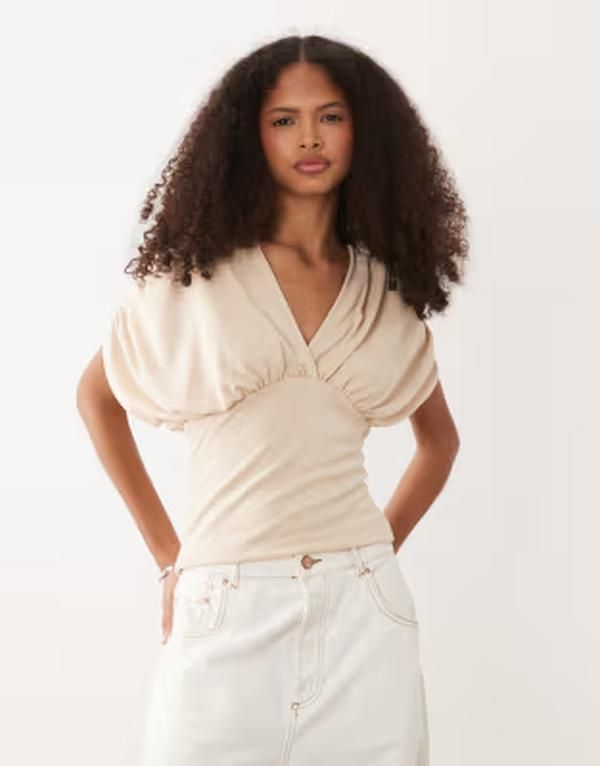 エイソス レディース トップス Tシャツ ウエストマーク ASOS DESIGN plunge neck top with cinched waist in stone ストーン