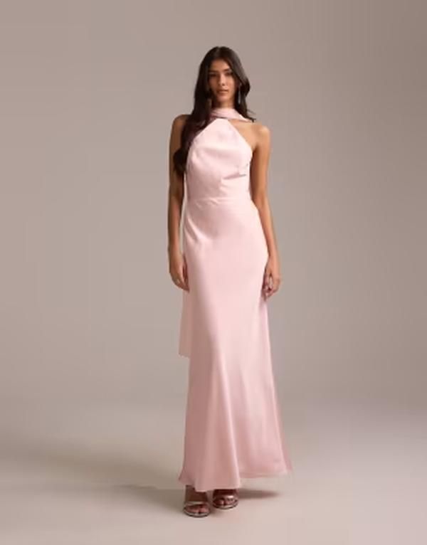 エイソス レディース トップス ワンピース サテン マキシ ホルター ASOS DESIGN bridesmaids halter neck satin maxi dress with scarf detail PINK ピンク