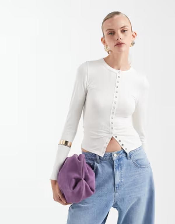 エイソス レディース トップス Tシャツ リブ ASOS DESIGN seamless ribbed snap detailong sleeve top in cream クリーム