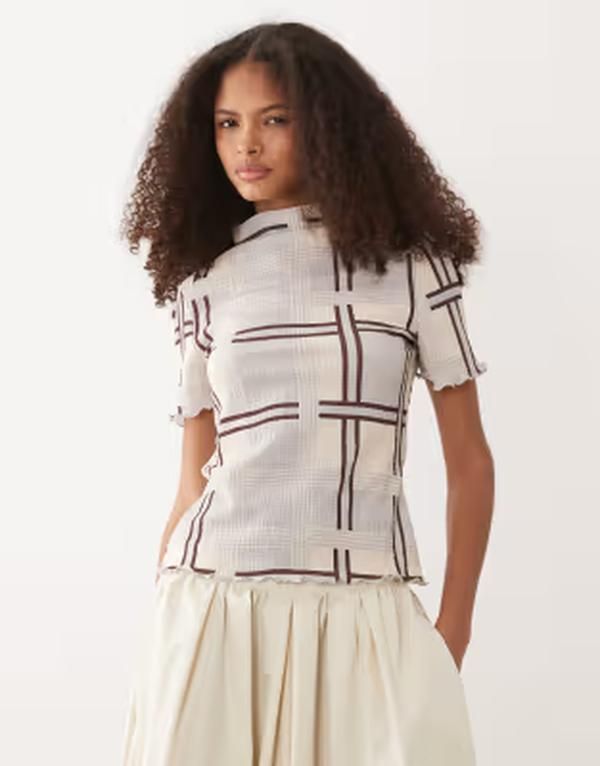 エイソス レディース トップス Tシャツ プリント ASOS DESIGN short sleeve top with grown oneck in plaid print CHECK PRINT チェック