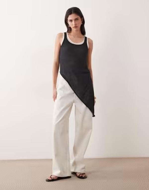 エイソス レディース トップス タンクトップ アシンメトリー ニット ASOS DESIGN knitlook double layer asymmetric longline tank top and ecru Black ecru エクリュ