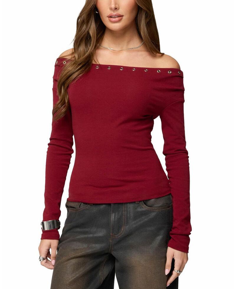 アディクテッド レディース トップス シャツ Edikted Rebekka Grommet Off Shoulder Top Burgundy バーガンディ