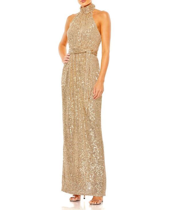 マックダガル レディース トップス ワンピースパンコール ホルター Mac Duggal Sequined Halter Neck Belted Softie Dress Champagne シャンパン