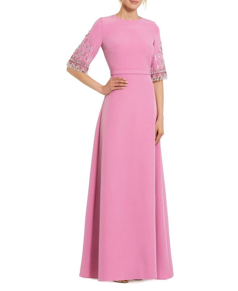 マックダガル レディース トップス ワンピース クレープ A ライン Mac Duggal Crepe A Line Gown with Beaded 34 Sleeves Rose