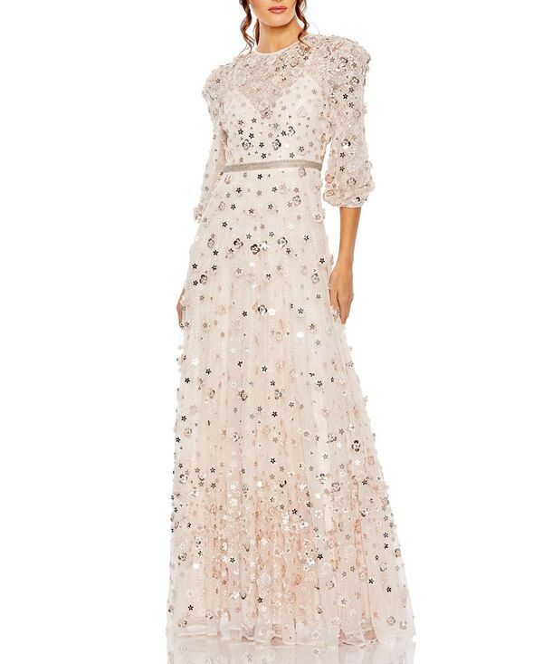 マックダガル レディース トップス ワンピース A ライン ハイネック フラワー柄 フラワー Mac Duggal Floral Applique Puff Sleeve High Neck ALine Gown Blush ブラッシュ