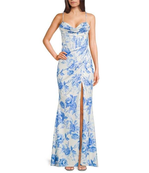 ビーダーリン レディース トップス ワンピース フラワー柄 ドレープリント サテン レース フラワー B Darlin Satin Floral Printed Sweetheart Drape Neck Bustier Bodice Lace Up Back