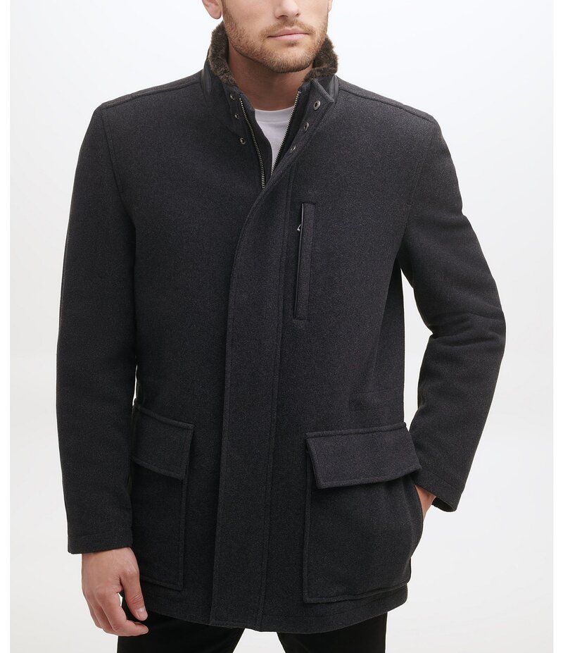 コールハーン メンズ アウター ジャケット・ブルゾン プラスサイズ ウール コート Cole Haan Stand Collar Wool Plush All Weather Car Coat Charcoal チャコール