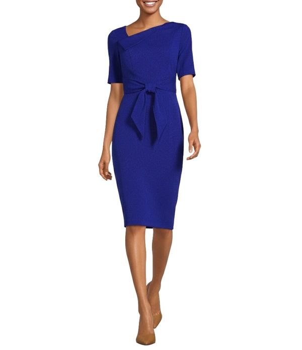 アドリアナ パペル レディース トップス ワンピース クレープ アシンメトリー Adrianna Papell Crepe Asymmetrical Neck Elbow Sleeve Tie Front Sheath Dress Royal Sapphire