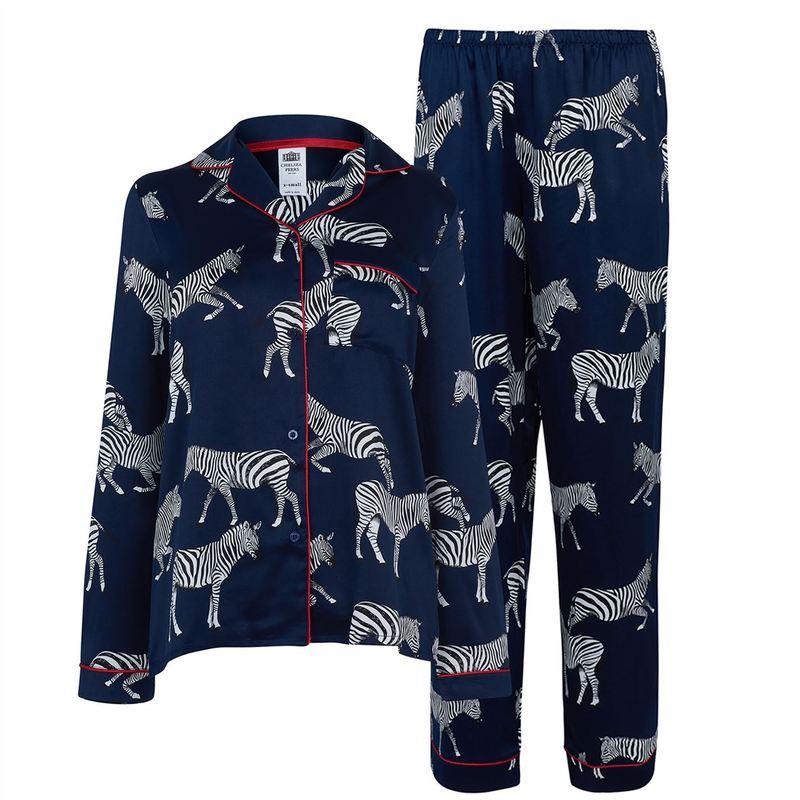 チェルシーピア レディース アンダーウェア ナイトウェア サテン Chelsea Peers Button Up Satin Pyjama Set Zebra Navy ネイビー
