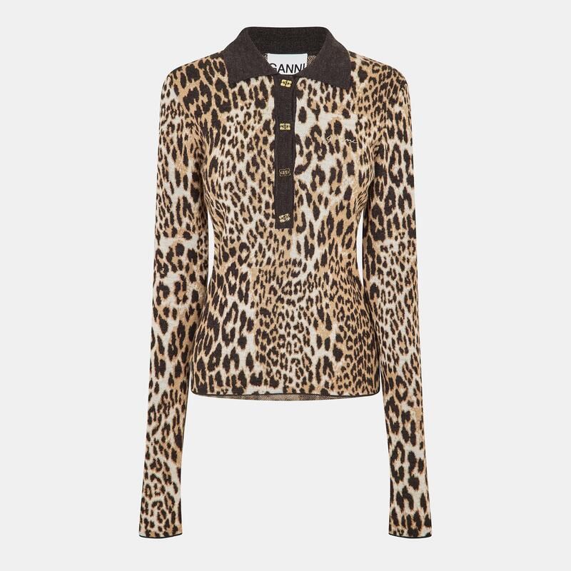 ガニー レディース トップス ポロシャツ ニット Ganni Jqrd Knit Polo Ld99 Leopard アニマル