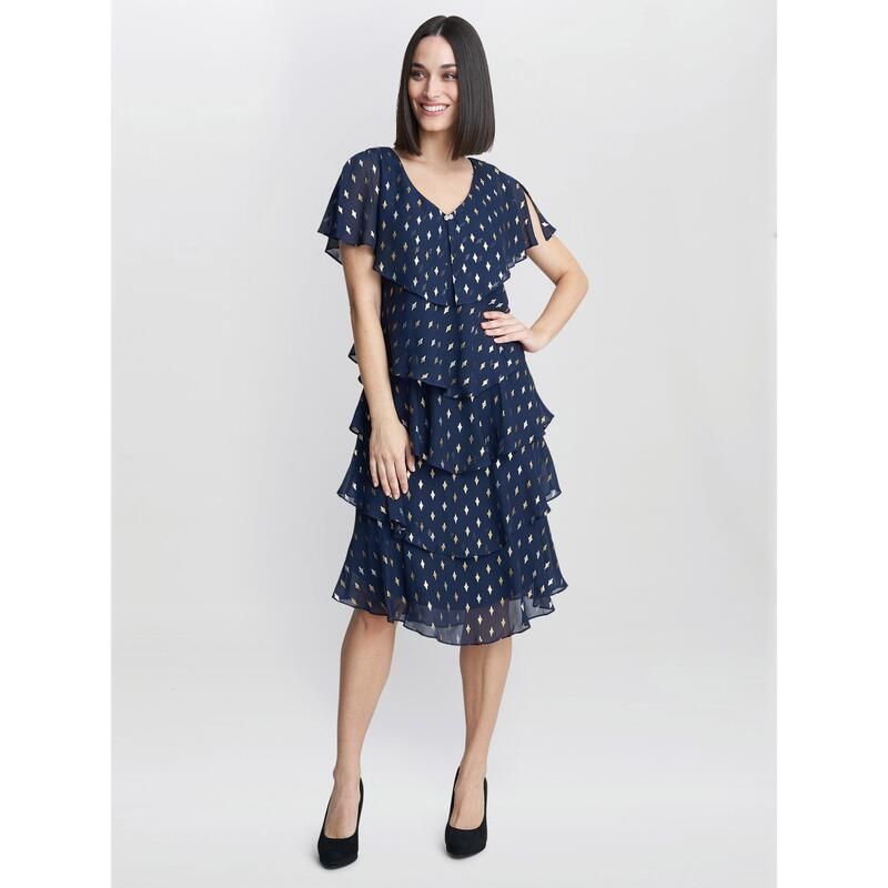 ジーナバッコーニ レディース トップス ワンピース プリント Gina Bacconi Sybil Foil Printier Dress Navy Gold ネイビー
