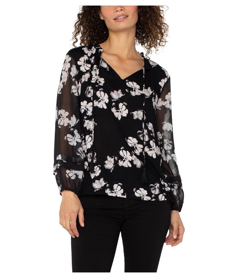 リヴァプール ロサンゼルス レディース トップス シャツ ブラウス Liverpoolos Angeles Long Sleeve Popover Shirred Woven Blouse BlackWhite Floral ホワイト 15,525円