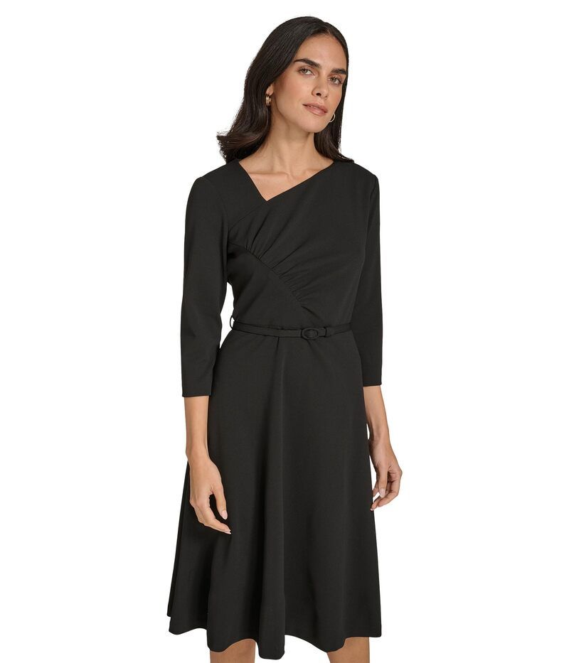 カルバンクライン レディース トップス ワンピース クレープ ミディ スキューバ Calvin Klein Scuba Crepe Asym Rouched Neck Midi With Belt Black ブラック