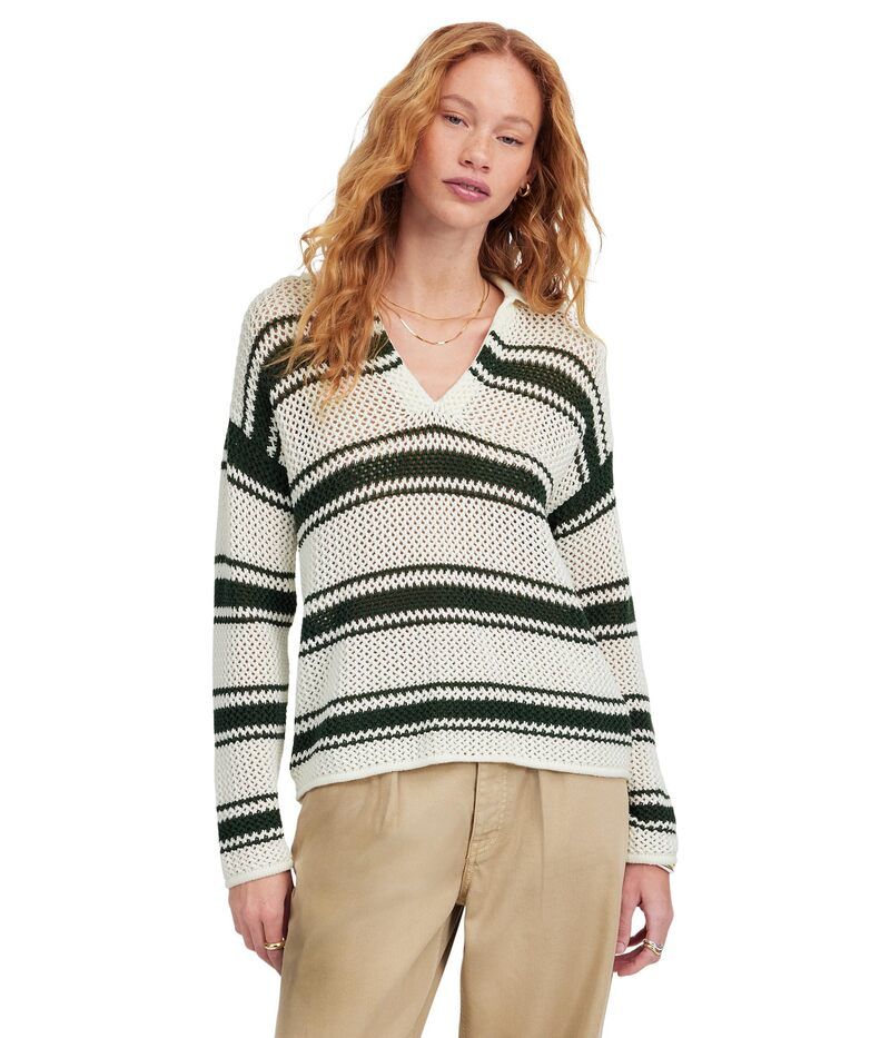 メイドウェル レディース トップス シャツ ポロシャツ Madewell Stripe Madeleine Open Stitch Long Sleeve Polo Summit Green Stripe グリーン