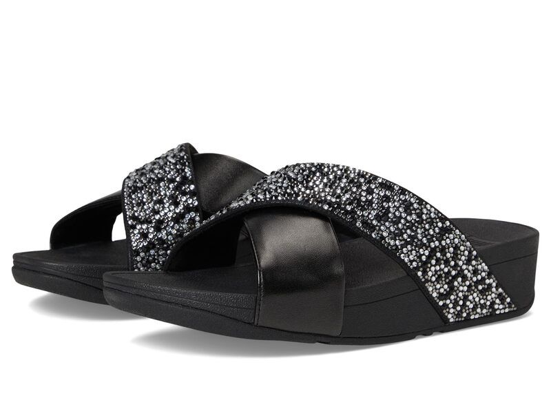 フィットフロップ レディース シューズ サンダル トール FitFlop Lulu CrystalMix Metallic Cross Slides All Black ブラック