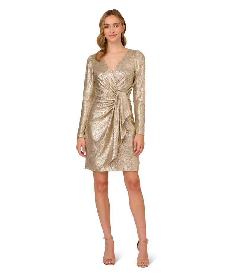 アドリアナ パペル レディース トップス ワンピース ドレープ トール ニット Adrianna Papell Metallic Foil Knit Draped Cocktail Dress Light Gold ゴールド