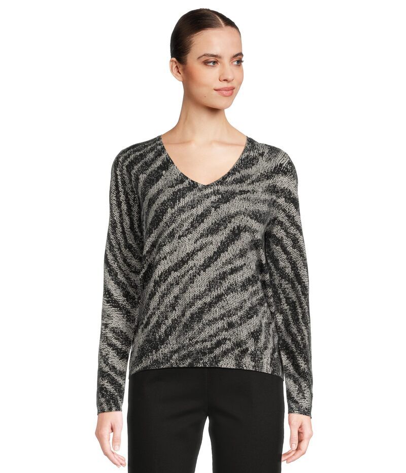 エリオットローレン レディース アウター ニット・セーター Vネック プリント Elliott Lauren Zebra Crossing Printed VNeck Sweater BlackGrey ブラック