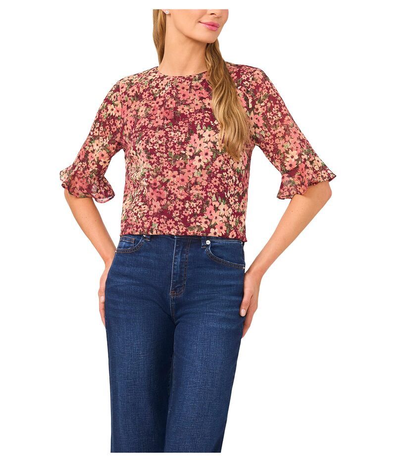 セセ レディース トップス シャツ クルーネック フラワー柄 フリル フラワー CeCe Floral Ruffle Cuff Crew Neck Top Fresh Berry