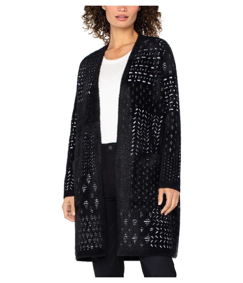 リヴァプール ロサンゼルス レディース アウター コート セーター Liverpoolos Angeles Long Sleeve Collarless Open Front Sweater Coat Black White Pat ホワイト