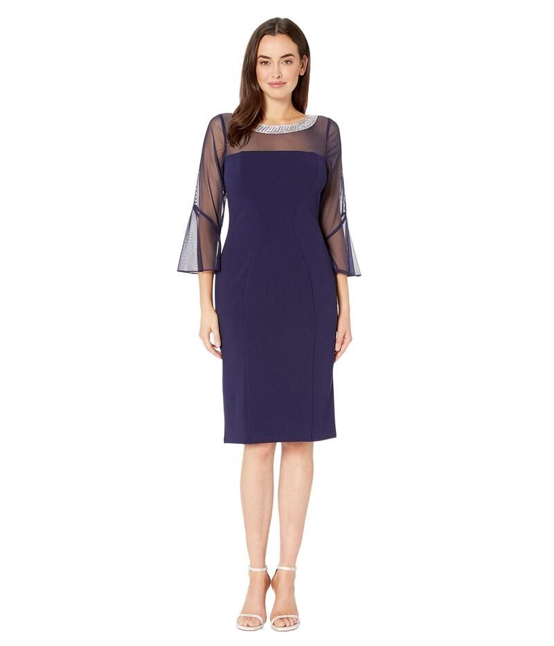 アレックスイブニングス レディース トップス ワンピース Alex Evenings Short Shift Dress with Beaded Illusion Neckline and Bell Sleeves Navy ネイビー 38,220円