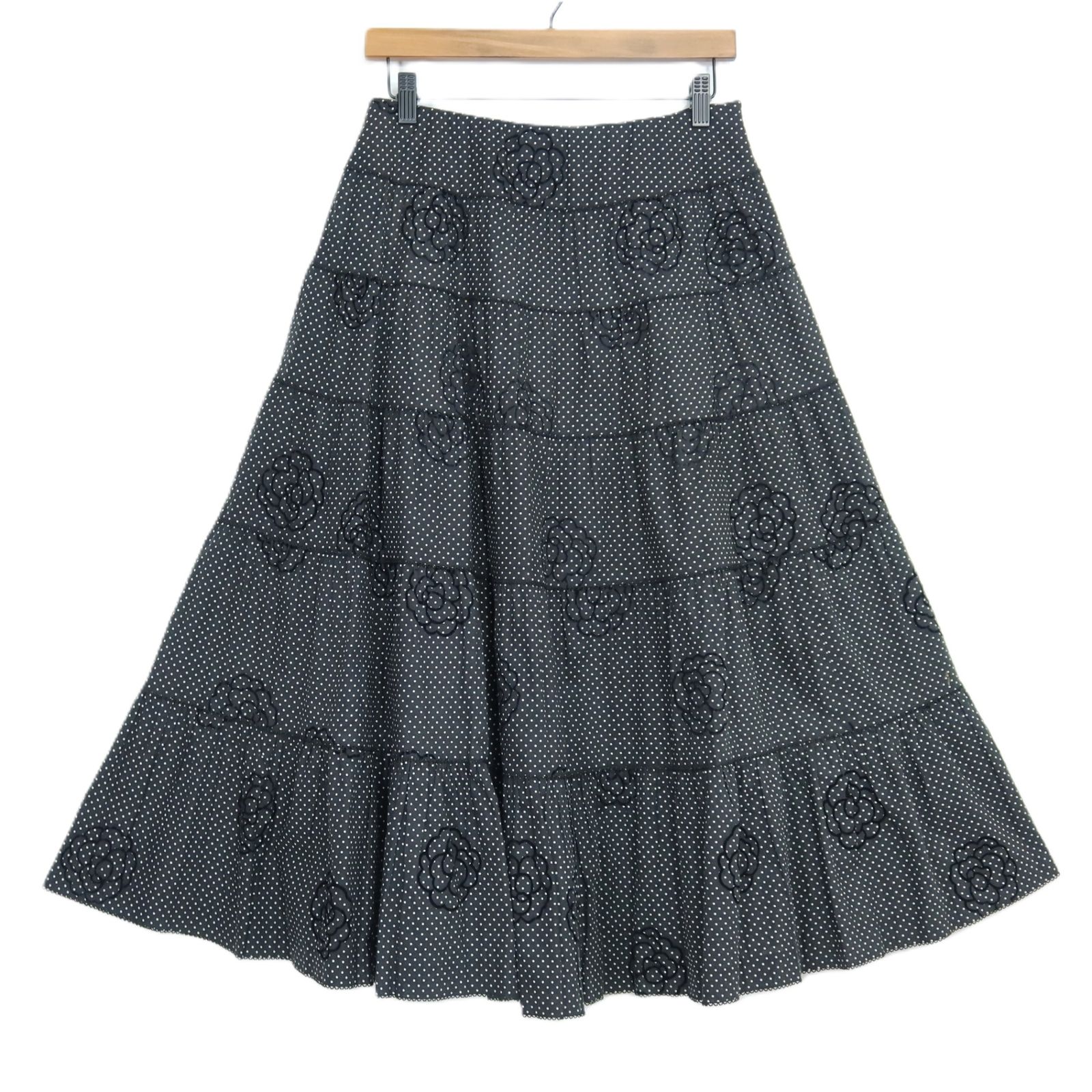 インゲボルグ★カメリア刺繍×ドット柄が可愛い♪ピコレース ティアードスカート サイズ11号 黒系 z20333