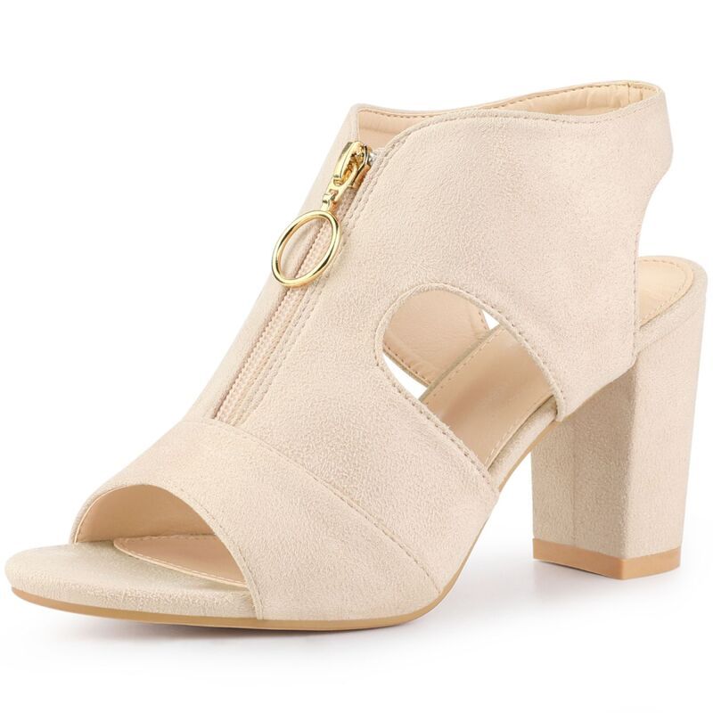 アレグラ ケー レディース シューズ サンダル カットアウト ヒール ALLEGRA K Womens Front Zip Cut Out Chunky Heelslingback Gladiator Heel Sandals Beige ベージュ