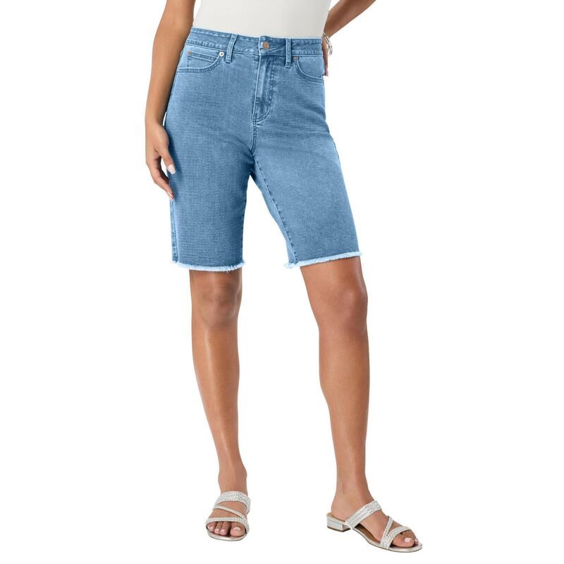 ロアマンズ レディース ボトムス ハーフパンツ・ショーツ プラスサイズ ショートパンツ Roamans Womens Plusize Frayed Hem Bermuda Jean Shorts Light Stonewash