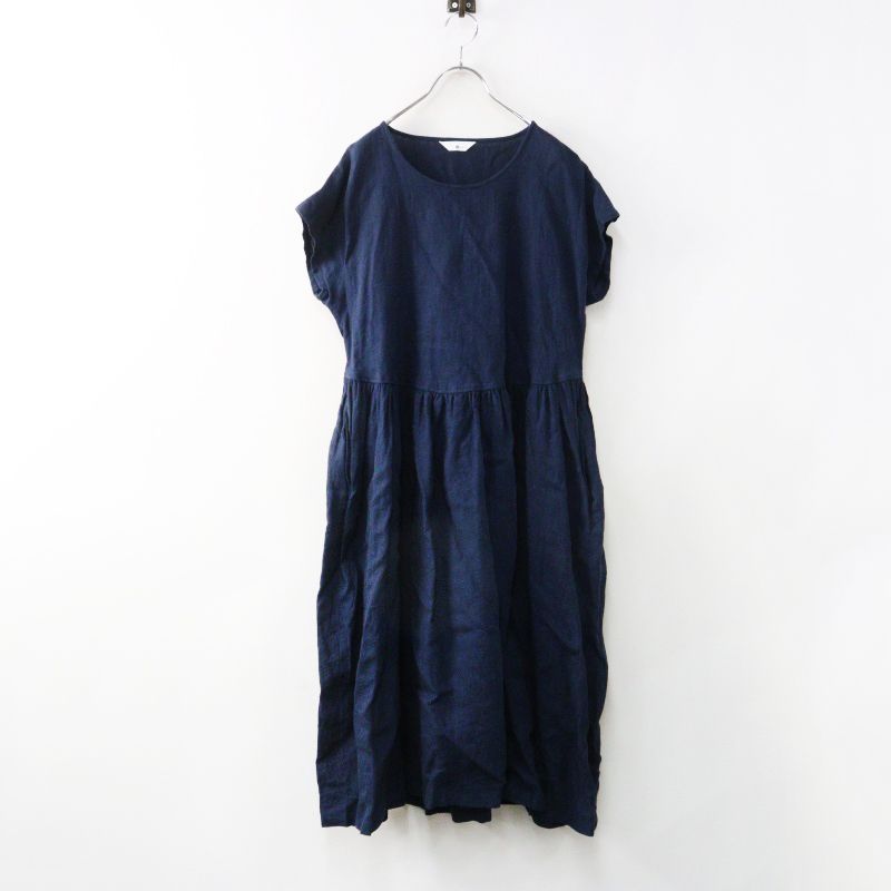 ワフ wafu わたぬき服装 リネンドレス ロングワンピース ギャザー ワイド フレア ネイビー／【2400014979329】