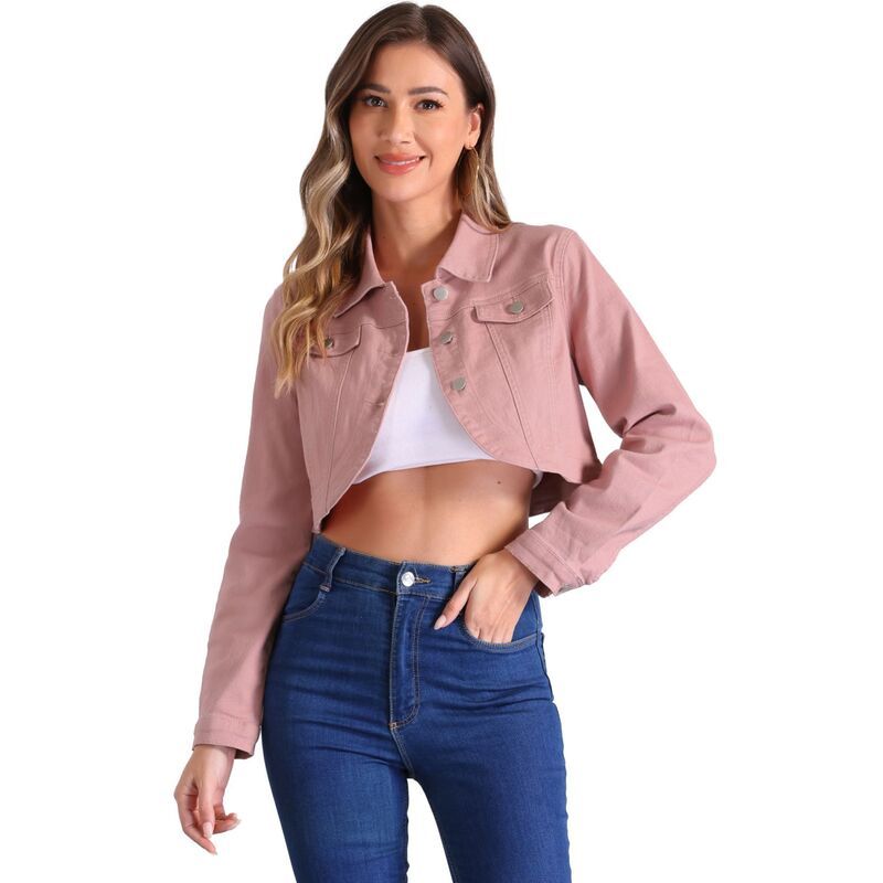 アレグラ ケー レディース アウター ジャケット・ブルゾン ボタンダウン デニム ALLEGRA K Denim Jacket for Womens Collared Button Down Long Sleeve Crop Jean Jackets Pink