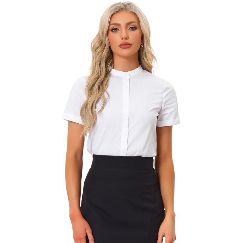 アレグラ ケー レディース トップス Tシャツ ボタンダウン ボディースーツ ALLEGRA K Button Down Bodysuits For Women Stand Collar Short Sleeve Office Work Shirt White