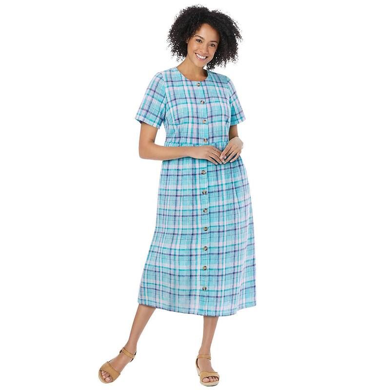 ウーマン ウィズイン レディース トップス ワンピース プラスサイズ 半袖 Woman Within Plusize ShortSleeve Seersucker Dress Paradise Blue Plaid ブルー