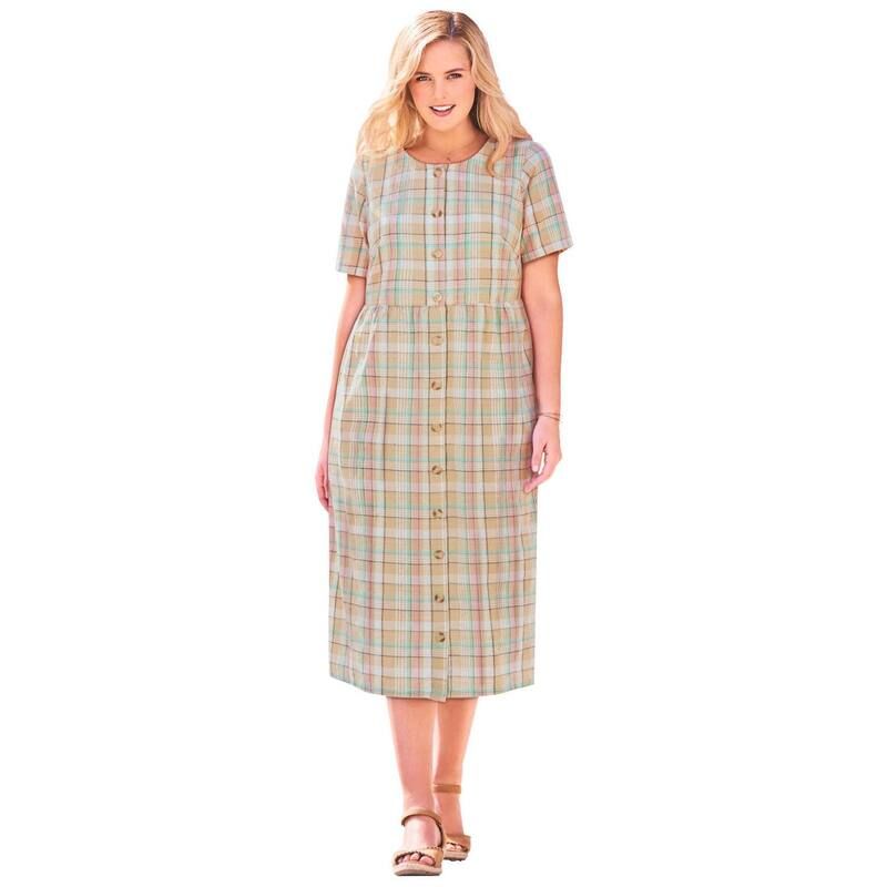 ウーマン ウィズイン レディース トップス ワンピース プラスサイズ 半袖 Woman Within Plusize ShortSleeve Seersucker Dress New Khaki Plaid カーキ 13,634円