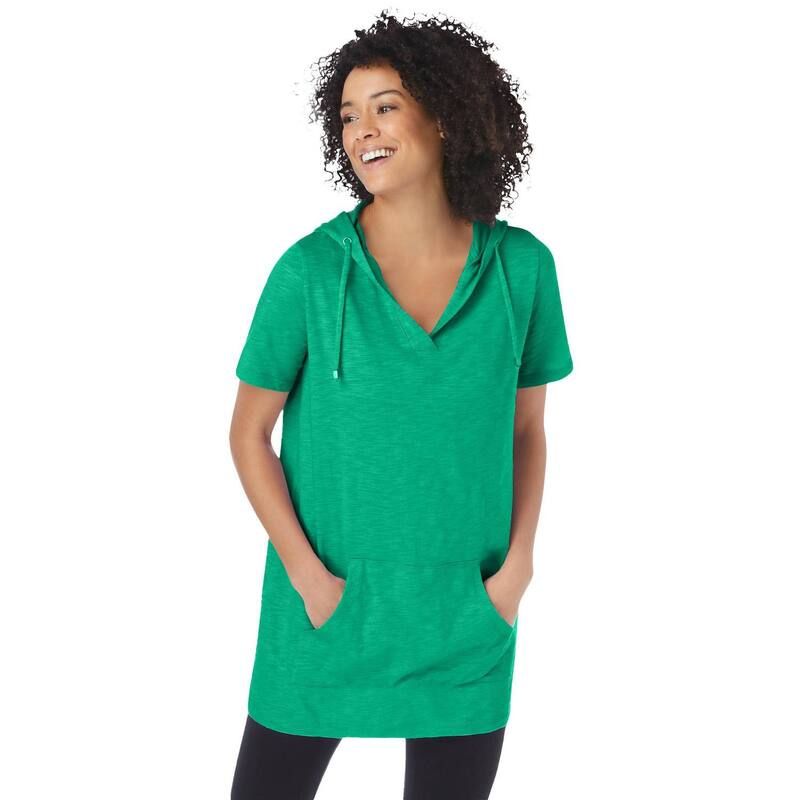 ウーマン ウィズイン レディース トップス Tシャツ プラスサイズ 半袖 パーカー Woman Within Plusize ShortSleeve Hoodie Tropical Emerald エメラルド