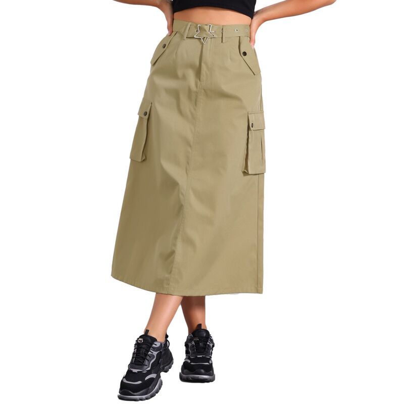 アレグラ ケー レディース ボトムスカート ミディ ALLEGRA K Midi Cargo Skirt Womans Trendy2K Skirts Zip High Waisted Straight Long Skirt with Pockets Khak