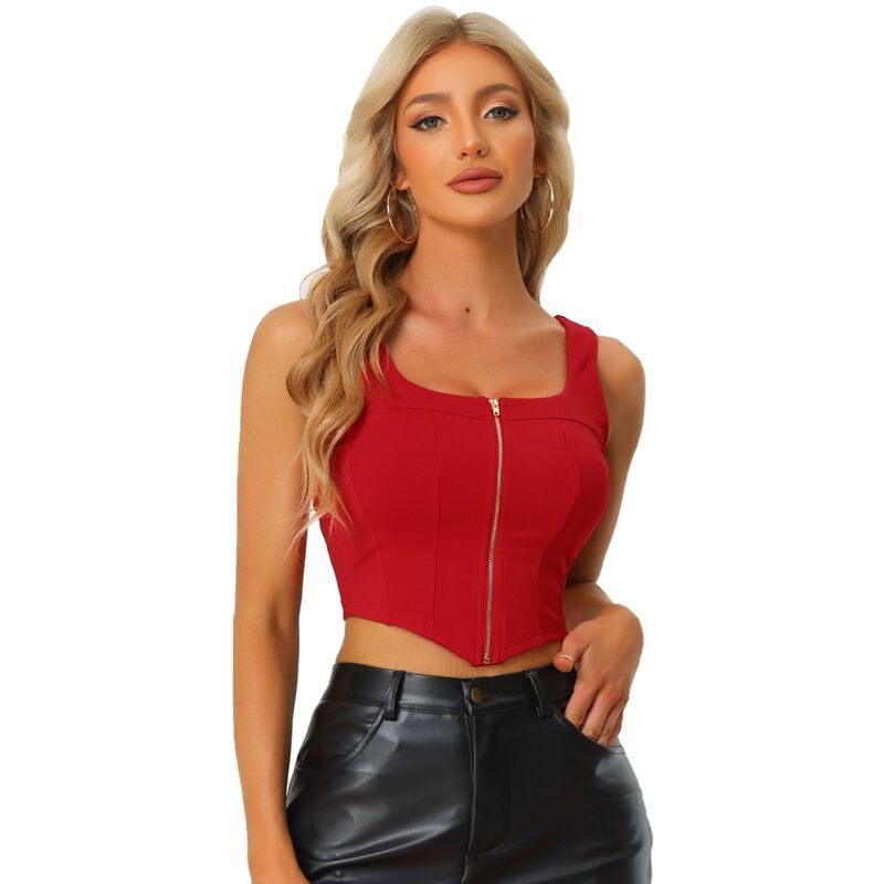 アレグラ ケー レディース トップス Tシャツ アシンメトリー ALLEGRA K Womensquare Neck Asymmetrical Hem Zip Front Crop Cami Tank Tops Red レッド