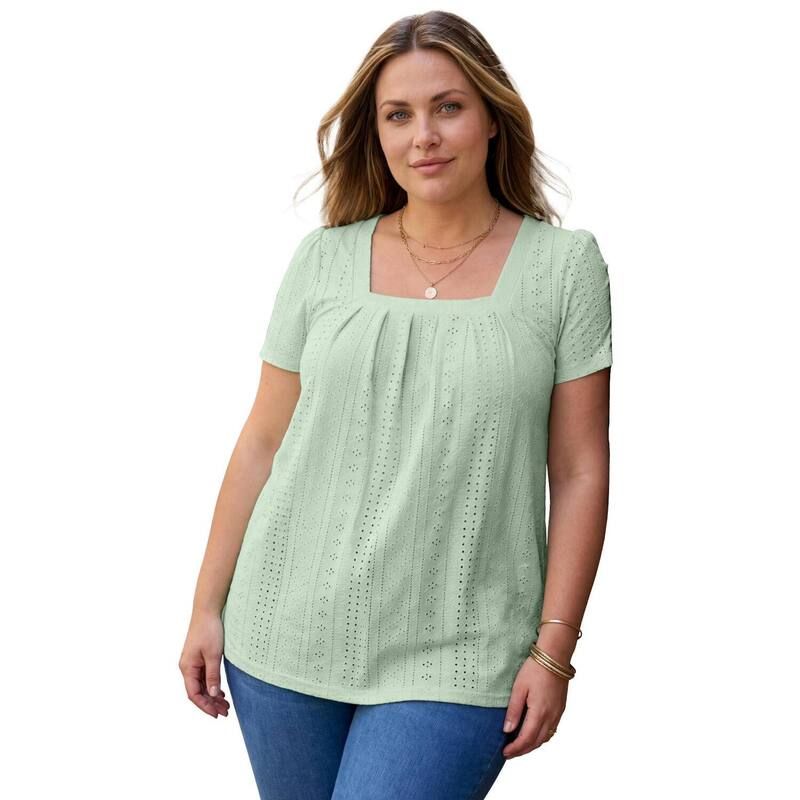 ロアマンズ レディース トップス シャツ プラスサイズ Roamans Womens Plusize Square Neck Eyeletunice Jade