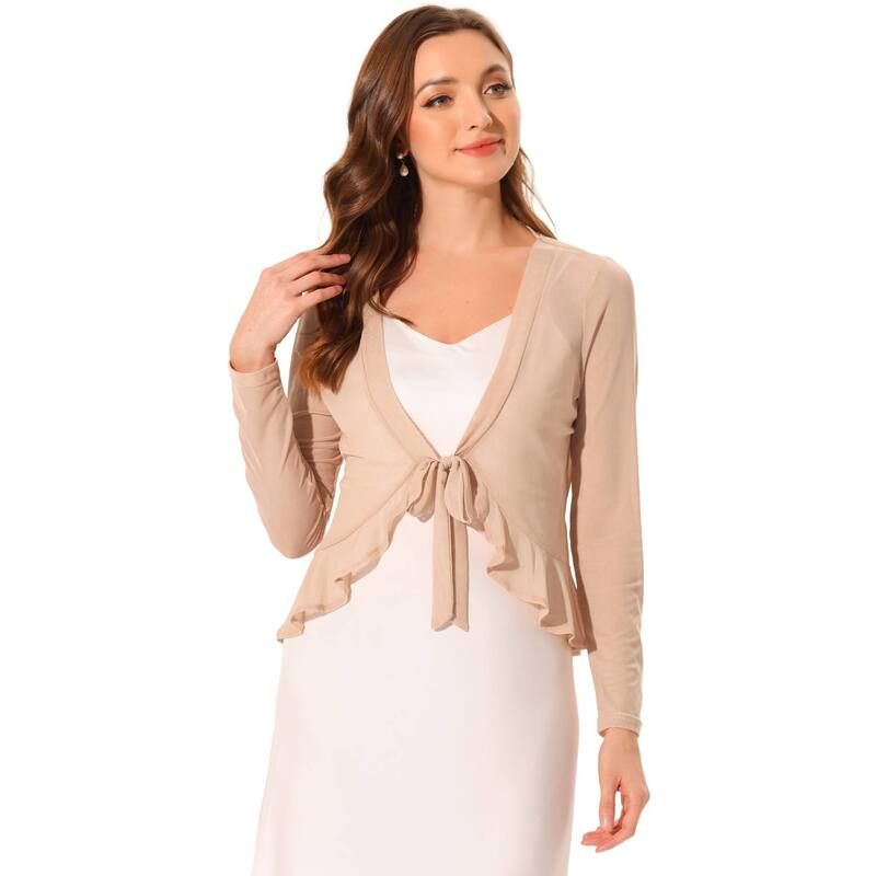 アレグラ ケー レディース アウター ニット・セーター フリル メッシュ カーディガン ALLEGRA K Ruffle Meshrug For Women Long Sleeveself Tie Casual Bolero Cardigan Khaki カー