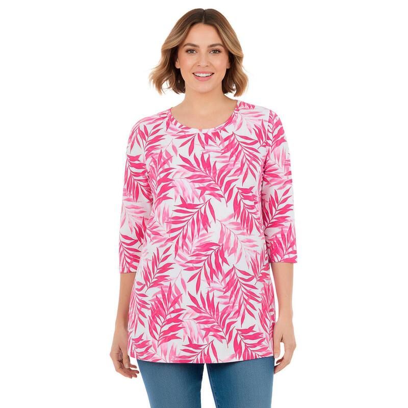 ウーマン ウィズイン レディース トップス Tシャツ プラスサイズ プリント Woman Within Plusize Perfect Printed ThreeQuarterSleeve Scoopneck Tunic Raspberry Palm Leav