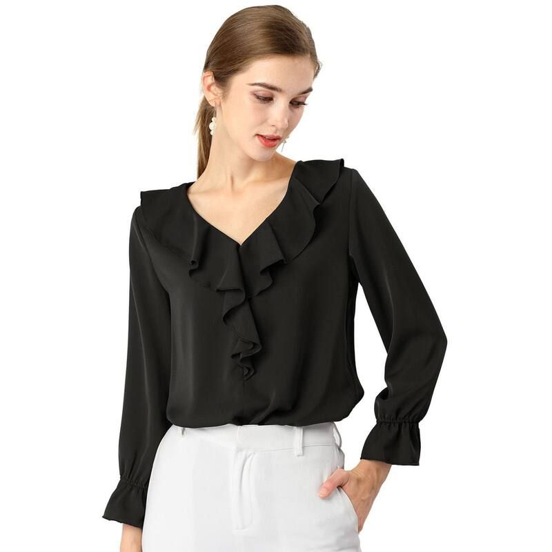 アレグラ ケー レディース トップス シャツ Vネック シフォン フリル ブラウス ALLEGRA K Womens Peasant Blouse Ruffle V Neck Elegant Chiffon Blouse Top Black ブラック 8,865円