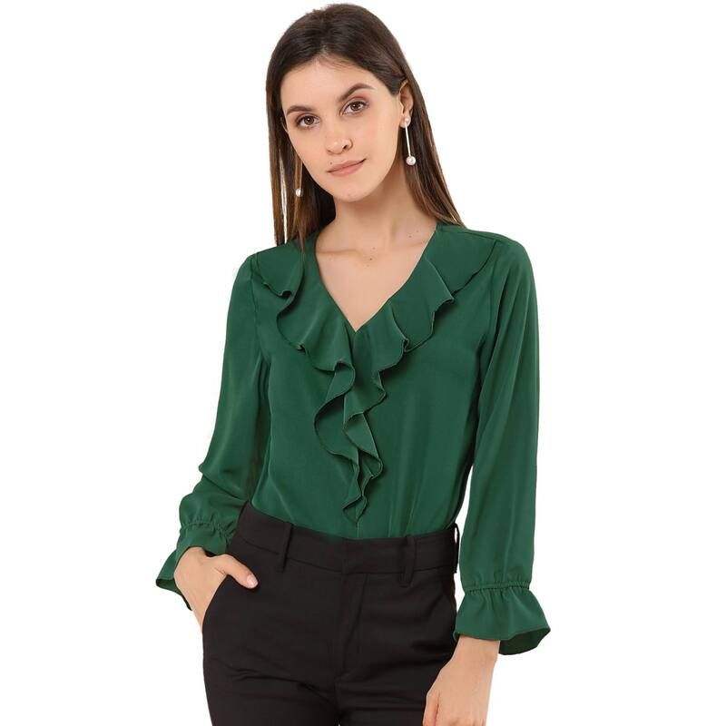 アレグラ ケー レディース トップス シャツ Vネック シフォン フリル ブラウス ALLEGRA K Womens Peasant Blouse Ruffle V Neck Elegant Chiffon Blouse Top Green グリーン