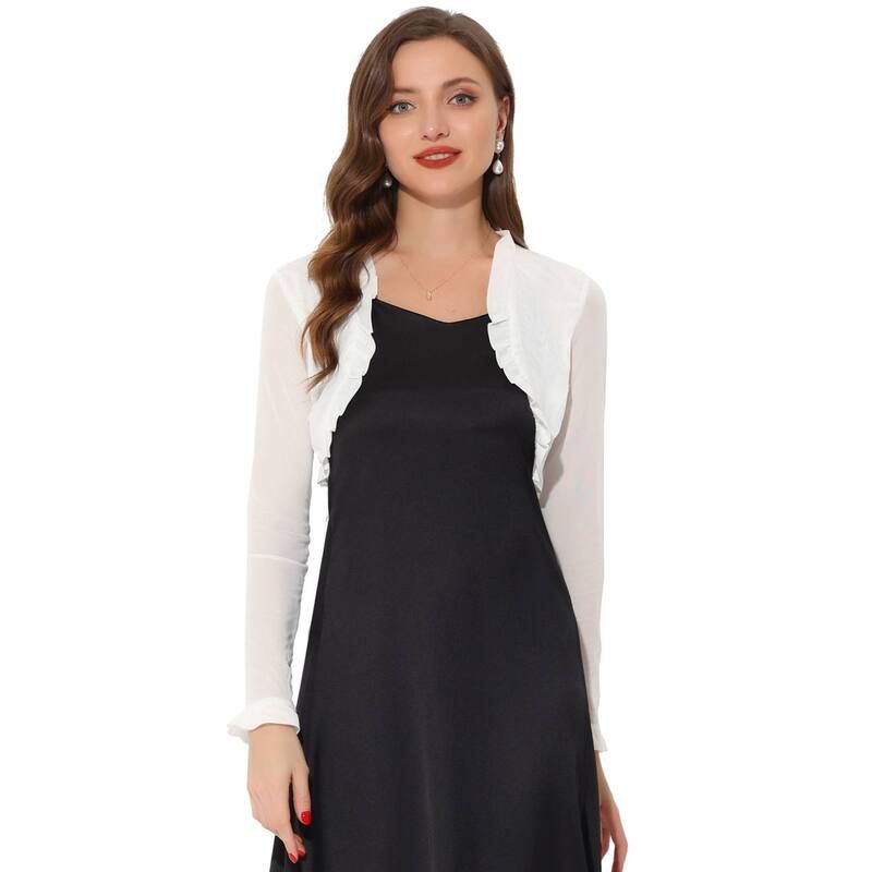 アレグラ ケー レディース アウター ニット・セーター フリル メッシュ カーディガン クロップド ALLEGRA K Meshrug For Womens Ruffled Open Front Cropped Cardigan White ホワイト