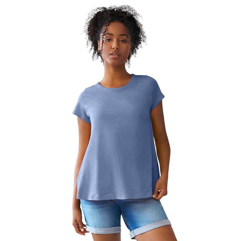 Ellos レディース トップス Tシャツ プラスサイズ コットン キャップ ジャージー ellos Plusize Cotton Jersey Slub Cap Sleeve Trapeze Tee Pale Indigo インディゴ