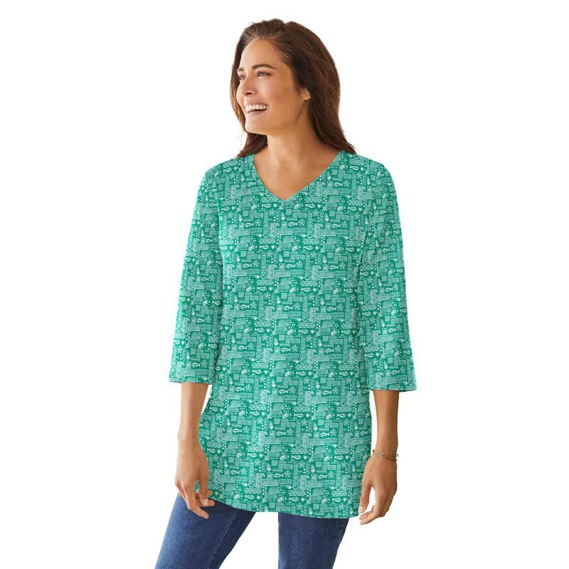 ウーマン ウィズイン レディース トップス Tシャツ Vネック プラスサイズ プリント Woman Within Plusize Perfect Printed ThreeQuarterSleeve VNeck Tunic Tropical Green Isl