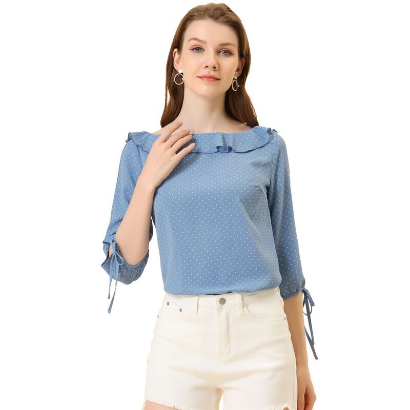 アレグラ ケー レディース トップス シャツ ヴィンテージ ドット フリル ブラウス ALLEGRA K Womens Vintage 34 Sleeve Tops Boat Neck Ruffled Polka Dots Blouse Dusty Blue