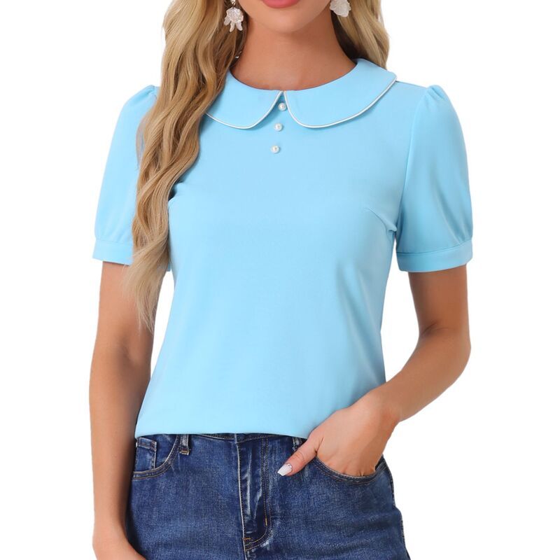 アレグラ ケー レディース トップス シャツ コントラスト ブラウス ALLEGRA K Womens Peter Pan Collar Contrastrim Short Sleeve Summer Blouse Top Blue ブルー