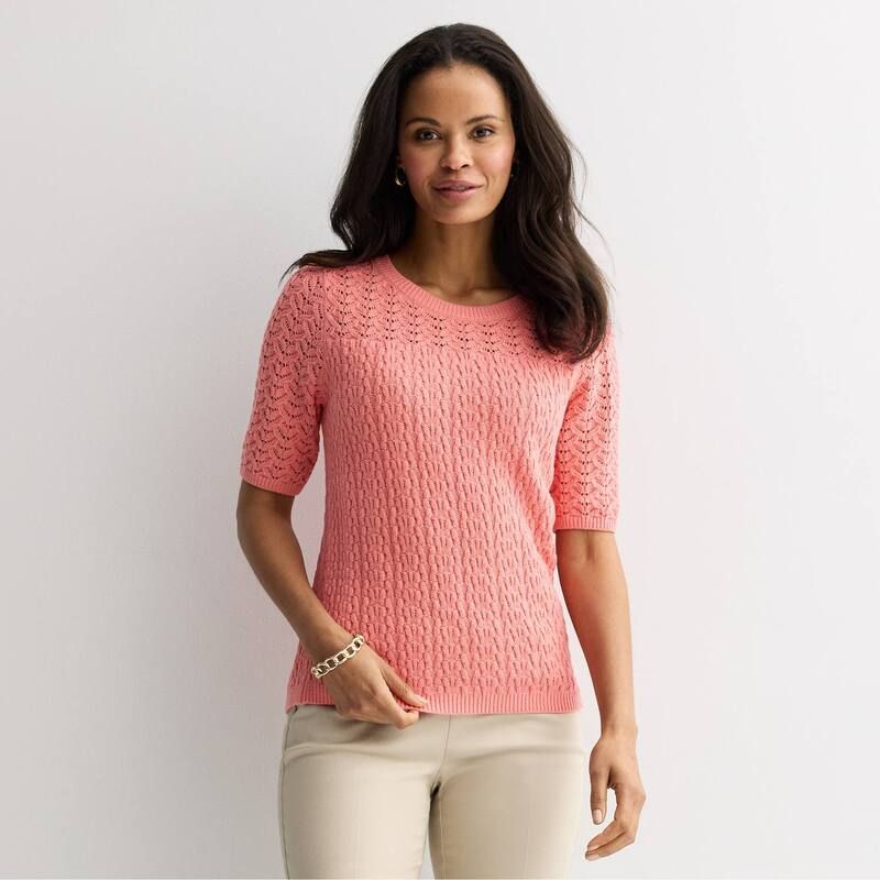クロフト＆バロー レディース アウター ニット・セーター Womens Croft Barrow Elbow Pointelle Pullover Sweater Viva Peach ピーチ