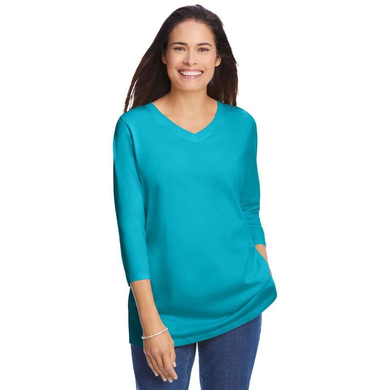 ウーマン ウィズイン レディース トップス Tシャツ Vネック プラスサイズ Woman Within Plusize PerfecthreeQuarter Sleeve VNeck Tee Pretty Turquoise ターコイズ